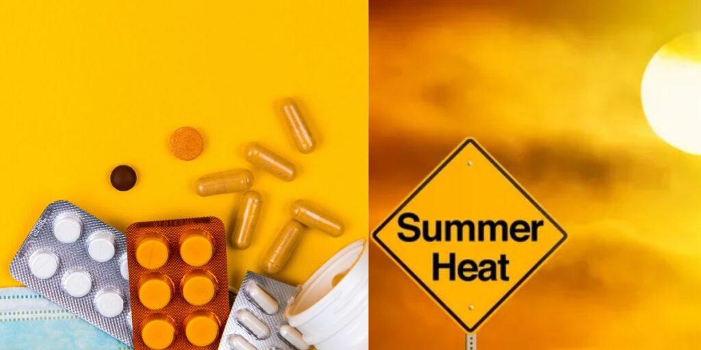 Medicines and pills with a mask beside a warning sign indicating extreme summer heat and sun exposure